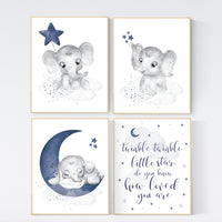 Nursery decor boy elephant, navy nursery decor, moon and stars, navy blue nursery art, elephant, boy nursery, twinkle twinkle little star
