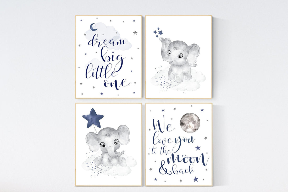 Nursery decor boy elephant, navy nursery decor, we love you to the moon and back, moon and stars, navy blue nursery art, elephant nursery
