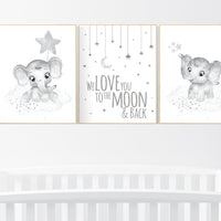 Grey nursery wall art, elephant nursery wall art, gender neutral, gray nursery art, nursery wall decor, moon, stars, neutral, twin nursery