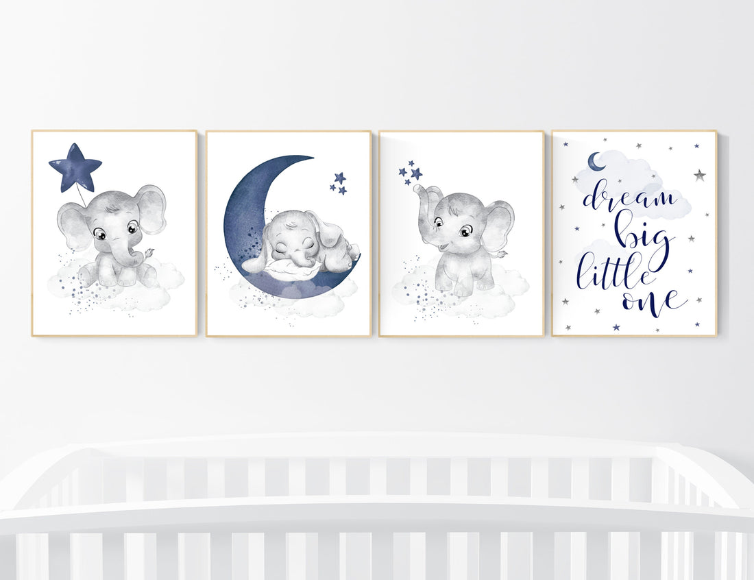 Nursery decor boy elephant, boy nursery decor, navy blue, nursery prints boy, dream big little one, nursery wall art boy, moon and stars