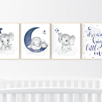 Nursery decor boy elephant, boy nursery decor, navy blue, nursery prints boy, dream big little one, nursery wall art boy, moon and stars