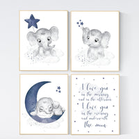 Nursery decor boy elephant, navy nursery decor, moon and stars, navy blue nursery art, elephant, boy nursery, nursery wall art boy