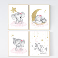 Nursery decor girl elephant, pink and gold nursery, we love you to the moon and back, pink nursery art, cloud and stars, baby room decor