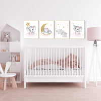 Nursery decor girl elephant, pink and gold nursery, we love you to the moon and back, pink nursery art, cloud and stars, baby room decor