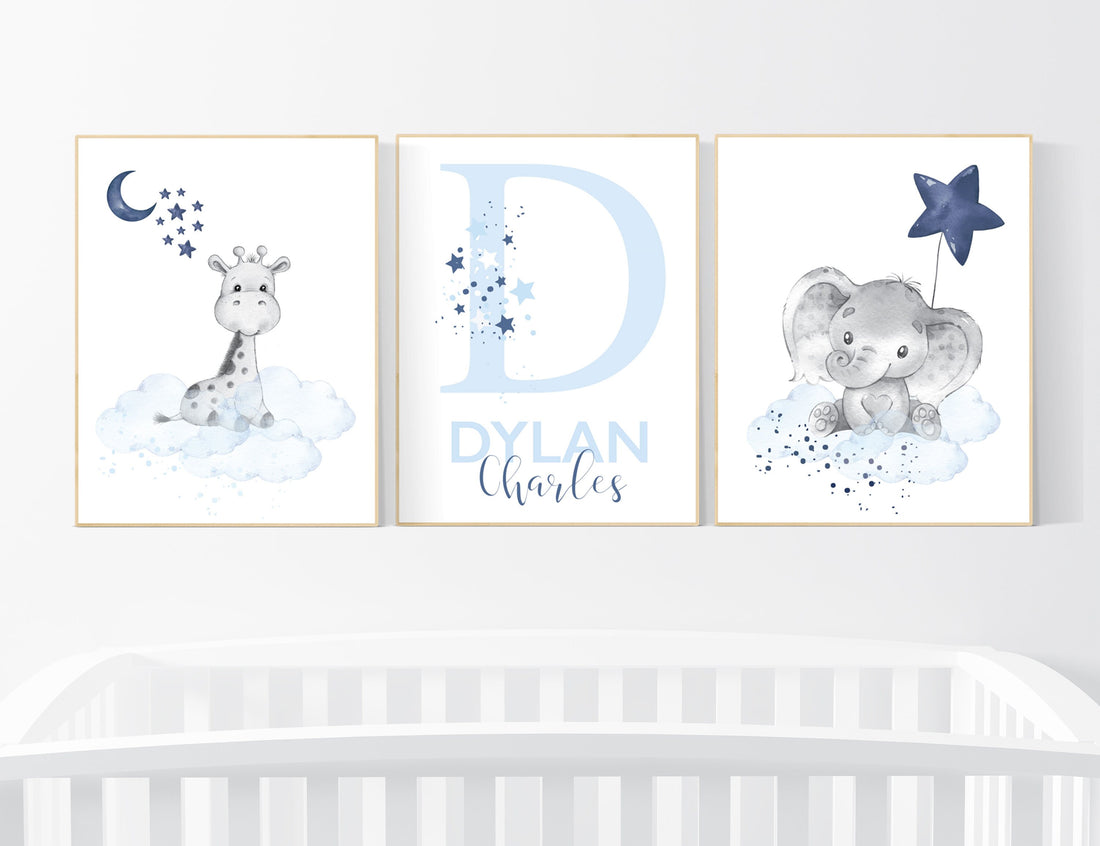 Nursery decor boy, navy blue nursery, elephant,, nursery wall art boy, nursery prints boy, set of 3, navy nursery, name nursery, custom