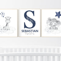 Nursery decor boy, elephant, giraffe, animal nursery prints, navy nursery, navy blue nursery, baby room wall art, nursery decor boy name