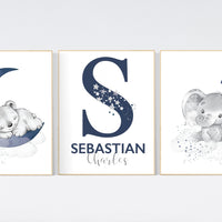 Nursery decor boy, elephant, bear, animal nursery prints, navy nursery, navy blue nursery, baby room wall art, nursery decor boy name