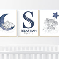 Nursery decor boy, elephant, bear, animal nursery prints, navy nursery, navy blue nursery, baby room wall art, nursery decor boy name