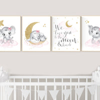 Nursery decor girl elephant, pink and gold nursery, we love you to the moon and back, pink nursery art, cloud and stars, baby room decor