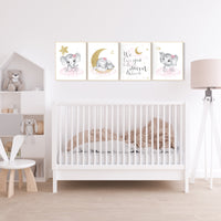 Nursery decor girl elephant, pink and gold nursery, we love you to the moon and back, pink nursery art, cloud and stars, baby room decor