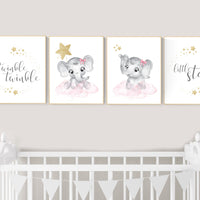 Nursery decor girl elephant, pink and gold nursery, twinkle twinkle little one, pink nursery art, cloud and stars, baby room decor, wall art