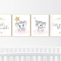 Nursery decor girl elephant, pink and gold nursery, twinkle twinkle little one, pink nursery art, cloud and stars, baby room decor, wall art