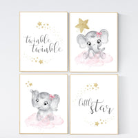 Nursery decor girl elephant, pink and gold nursery, twinkle twinkle little one, pink nursery art, cloud and stars, baby room decor, wall art