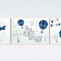 Nursery decor boy mountains, nursery decor boy airplane, world map, adventure awaits, navy green, adventure nursery prints, hot air balloon