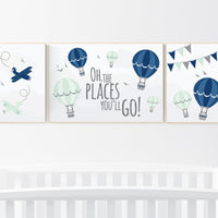 Nursery decor boy mountains, nursery decor boy airplane, world map, adventure awaits, navy green, adventure nursery prints, hot air balloon