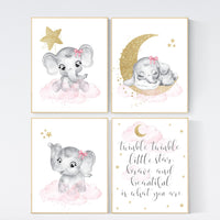 Nursery decor girl elephant, pink and gold nursery, twinkle twinkle little star, pink nursery art, cloud and stars, baby room decor