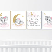 Nursery decor girl elephant, pink and gold nursery, twinkle twinkle little star, pink nursery art, cloud and stars, baby room decor