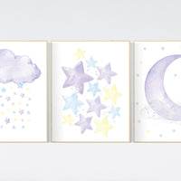 Purple yellow blue nursery, stars, cloud, moon nursery, nursery decor girl, nursery wall decor, set of 3 prints, girls room nursery ideas