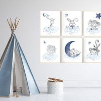 Nursery decor boy animals, nursery wall art boy, navy blue, animal prints for nursery, navy blue nursery wall decor, set of 6 prints