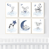 Nursery decor boy animals, nursery wall art boy, navy blue, animal prints for nursery, navy blue nursery wall decor, set of 6 prints