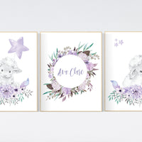 Purple nursery, Boho baby room, nursery wall art sheep, nursery decor girl, nursery decor girl floral, lilac nursery decor, lavender, lamb