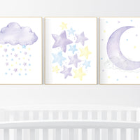 Purple yellow blue nursery, stars, cloud, moon nursery, nursery decor girl, nursery wall decor, set of 3 prints, girls room nursery ideas