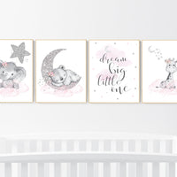 Animal prints for nursery, Nursery wall art set, pink and silver, Nursery decor girl elephant, animal nursery, bear, giraffe, animal nursery