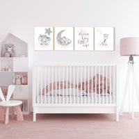 Animal prints for nursery, Nursery wall art set, pink and silver, Nursery decor girl elephant, animal nursery, bear, giraffe, animal nursery
