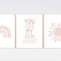 Nursery prints rainbow, Nursery decor girl, nursery wall art, blush pink, moon star, cloud, nursery wall art, light coral, blush, rainbow
