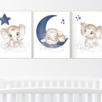 Navy nursery decor, moon and stars, navy blue nursery art. baby room wall art, boy nursery decor, set of 3, nursery prints boy, elephant art