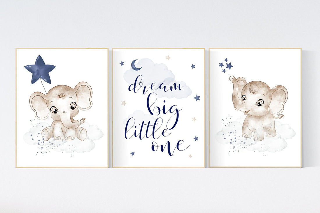 Navy nursery decor, moon and stars, navy blue nursery art. baby room wall art, boy nursery decor, set of 3, nursery prints boy, elephant art
