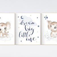 Navy nursery decor, moon and stars, navy blue nursery art. baby room wall art, boy nursery decor, set of 3, nursery prints boy, elephant art