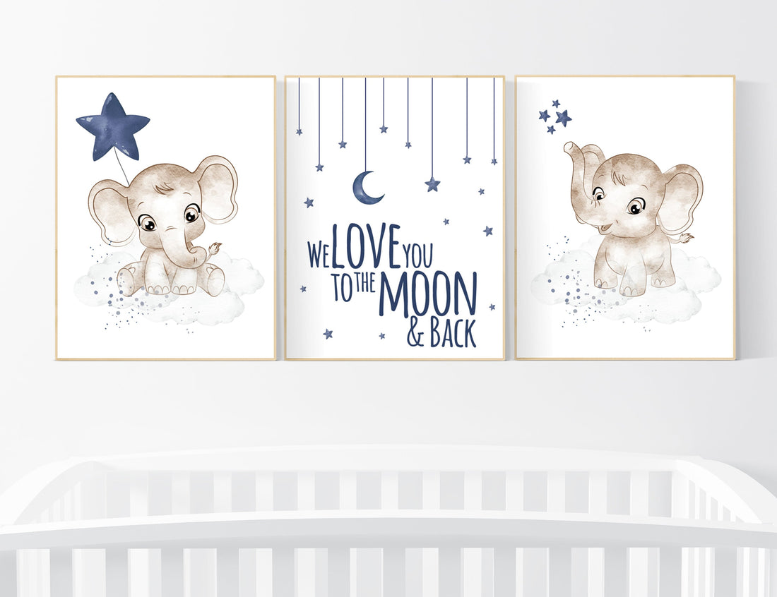 Navy nursery decor, moon and stars, navy blue nursery art. baby room wall art, boy nursery decor, set of 3, nursery prints boy, elephant art