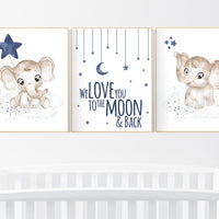 Navy nursery decor, moon and stars, navy blue nursery art. baby room wall art, boy nursery decor, set of 3, nursery prints boy, elephant art