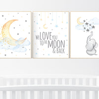 Nursery wall art elephant, neutral nursery, Gender neutral nursery, we love you to the moon and back, Baby wall decor, baby room decor, moon