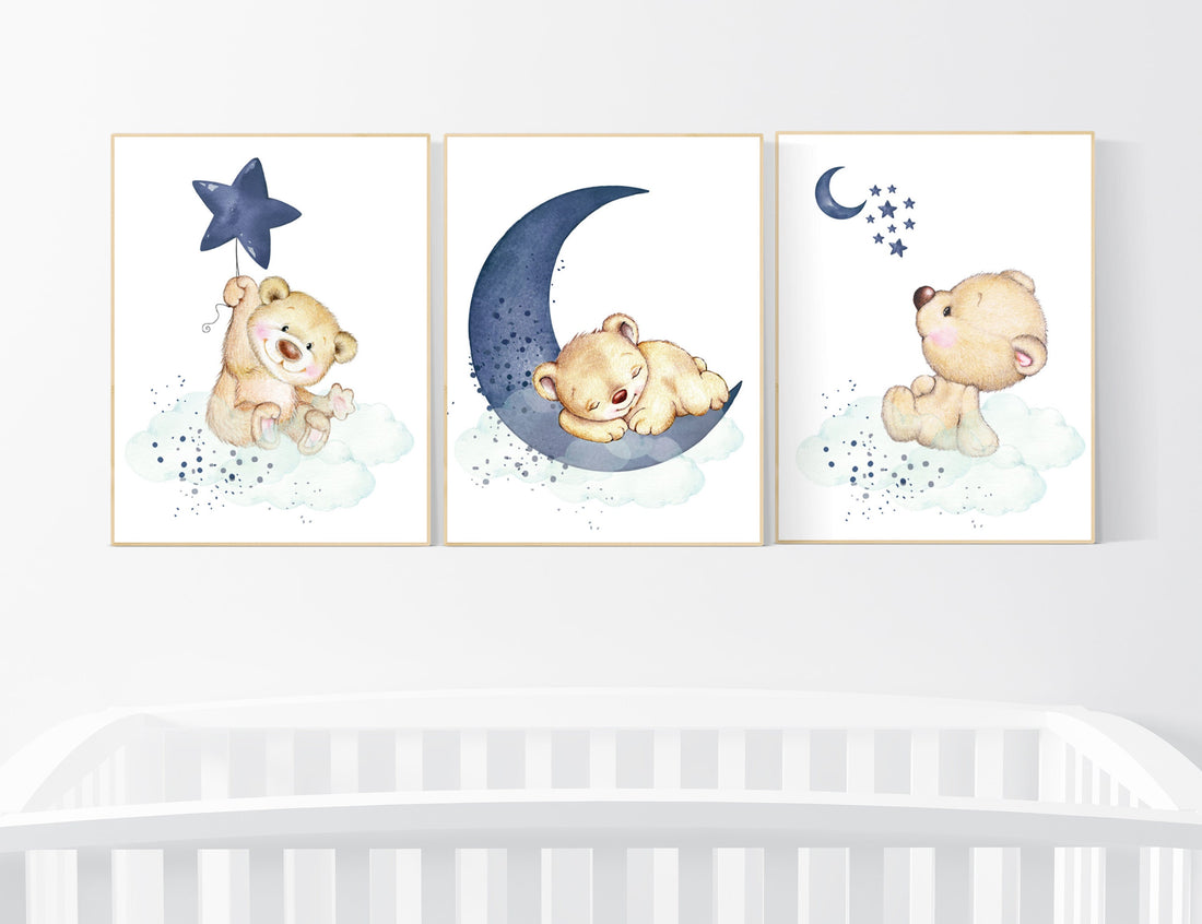 Nursery decor bear, animal nursery prints, navy mint nursery, navy blue nursery, baby room wall art, woodland animal prints, teddy bear