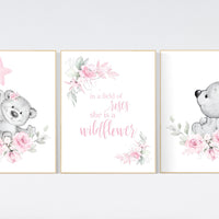 Nursery decor girl flower, bear nursery, floral nursery wall art,, Nursery wall art girl, girl nursery ideas, pink, nursery wall decor