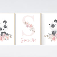 Nursery decor girl, panda nursery, blush pink and gray nursery wall art, floral nursery, nursery decor animal, girl nursery wall decor