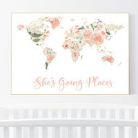 Nursery decor girl, Floral World Map, Girl Nursery Decor, Travel Nursery Art, blush nursery, Nursery baby girl room, she's going places