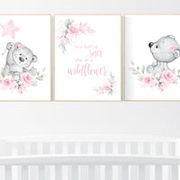 Nursery decor girl flower, bear nursery, floral nursery wall art,, Nursery wall art girl, girl nursery ideas, pink, nursery wall decor