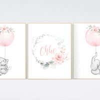 Nursery wall art girl, Blush pink nursery decor, floral nursery, nursery decor elephant, peach nursery, blush nursery, flower nursery