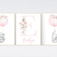 Nursery decor girl flowers, nursery wall art girl, elephant nursery wall decor, blush pink, floral nursery, name nursery print, girl nursery