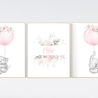 Elephant nursery, nursery prints girl, Blush pink nursery decor, floral nursery, nursery decor elephant, blush nursery, flower nursery