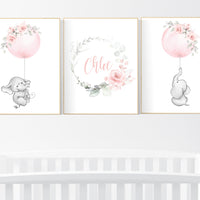 Nursery wall art girl, Blush pink nursery decor, floral nursery, nursery decor elephant, peach nursery, blush nursery, flower nursery