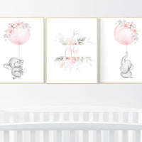 Elephant nursery, nursery prints girl, Blush pink nursery decor, floral nursery, nursery decor elephant, blush nursery, flower nursery