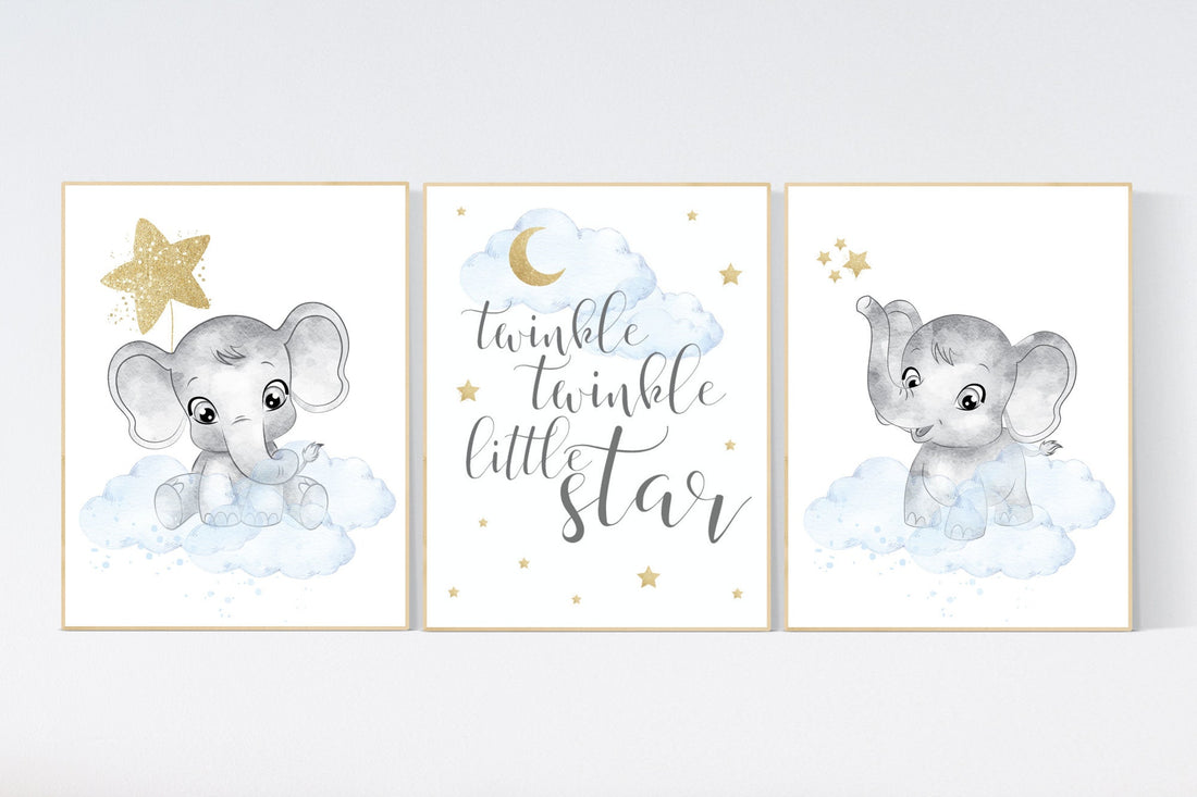 Nursery decor boy elephant, blue and gold nursery, twinkle twinkle little star, blue nursery wall art, cloud and stars, baby room decor