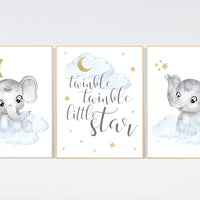 Nursery decor boy elephant, blue and gold nursery, twinkle twinkle little star, blue nursery wall art, cloud and stars, baby room decor