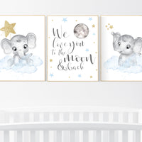 Nursery decor boy elephant, blue and gold nursery, blue nursery wall art, cloud and stars, baby room decor, we love you to the moon and back