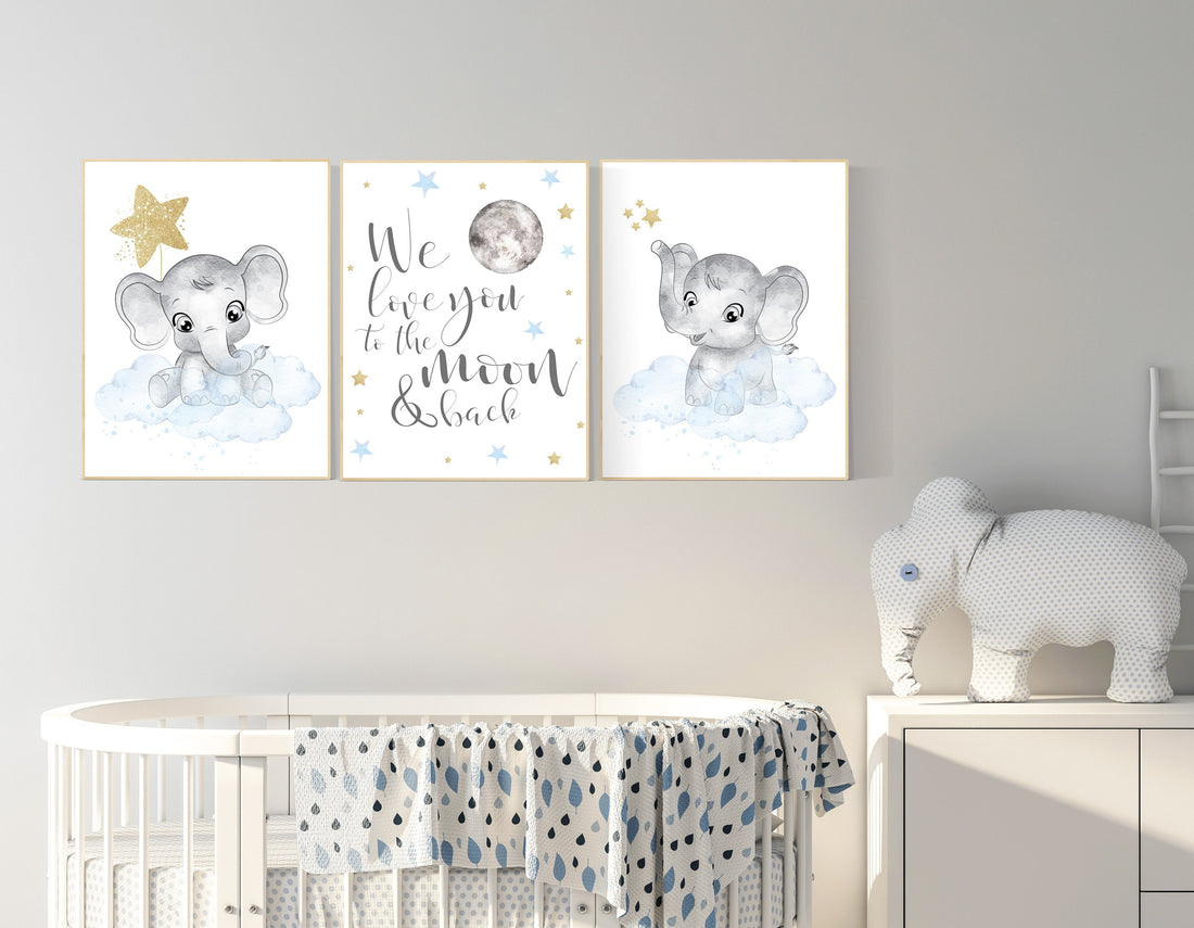 Nursery decor boy elephant, blue and gold nursery, blue nursery wall art, cloud and stars, baby room decor, we love you to the moon and back