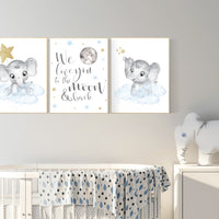 Nursery decor boy elephant, blue and gold nursery, blue nursery wall art, cloud and stars, baby room decor, we love you to the moon and back